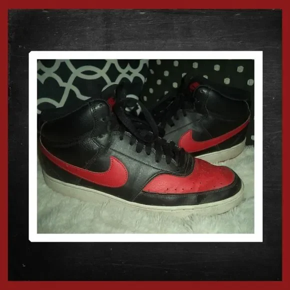 BLACK-RED NIKE SNEAKERS COURT VISION MID CASUAL SHOES DM868-001~MENS SIZE 11.5 - Picture 1 of 7